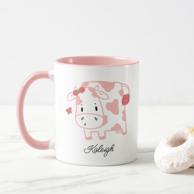 Cute Strawberry Cow and Butterfly | Name Mug (With Donut)