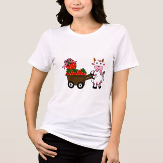 Cute Strawberry Cow with Wooden Cart | Kawaii Pink Tri-Blend Shirt
