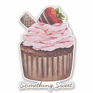 Cute Strawberry Cupcake  In Watercolor 