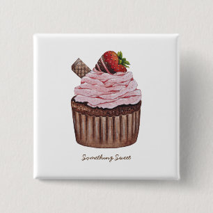 Cute Strawberry Cupcake In Watercolor 15 Cm Square Badge