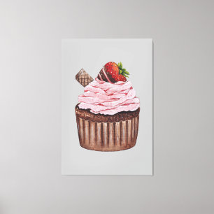Cute Strawberry Cupcake In Watercolor Canvas Print