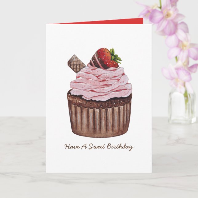 Cute Strawberry Cupcake  In Watercolor  Card (Orchid)