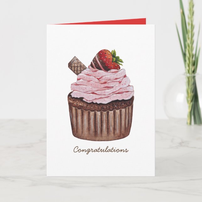 Cute Strawberry Cupcake In Watercolor   Card (Front)