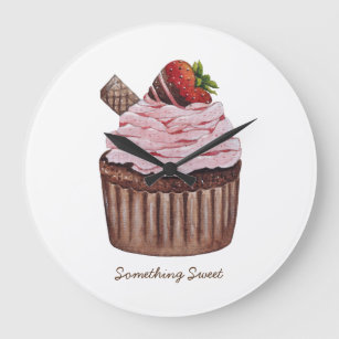 Cute Strawberry Cupcake  In Watercolor  Large Clock