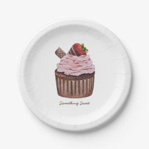 Cute Strawberry Cupcake In Watercolor Paper Plate