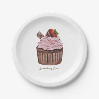 Cute Strawberry Cupcake  In Watercolor  Paper Plate