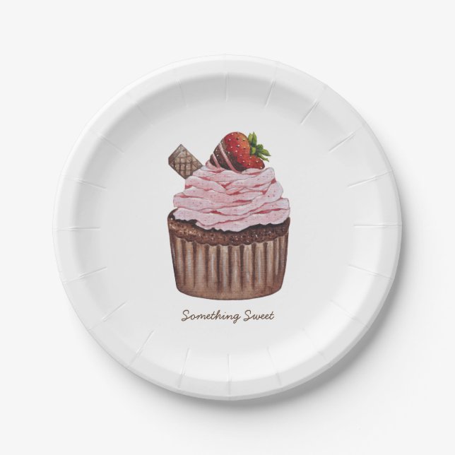 Cute Strawberry Cupcake  In Watercolor  Paper Plate (Front)