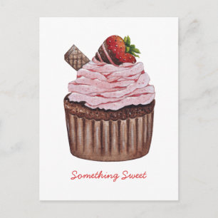 Cute Strawberry Cupcake In Watercolor Postcard