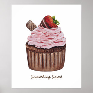 Cute Strawberry Cupcake  In Watercolor   Poster