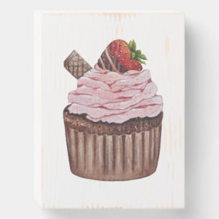 Cute Strawberry Cupcake  In Watercolor  Wooden Box Sign