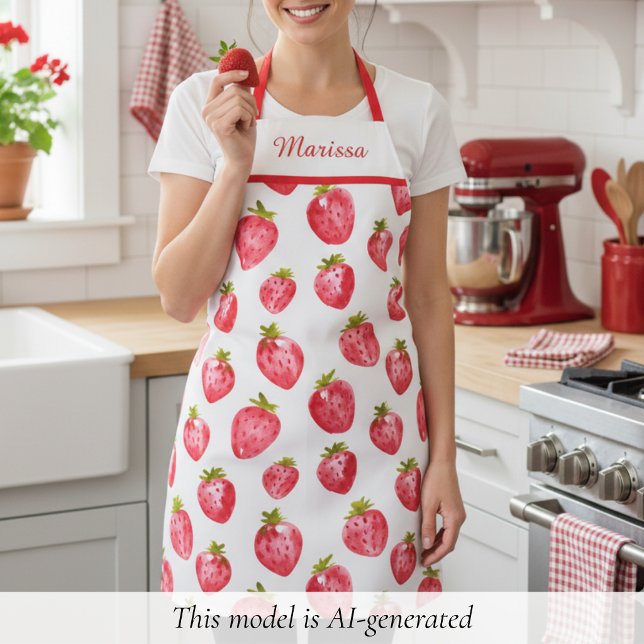 Cute Strawberry Custom Name Apron (sweet pretty strawberry apron with custom name monogram, personalized gift for her)