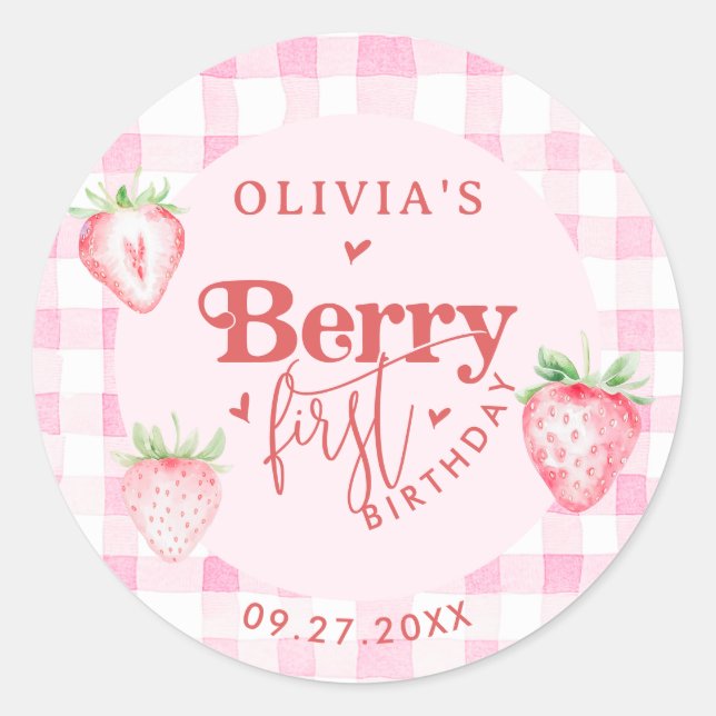 Cute Strawberry Daisy Berry First Brithday Classic Round Sticker (Front)