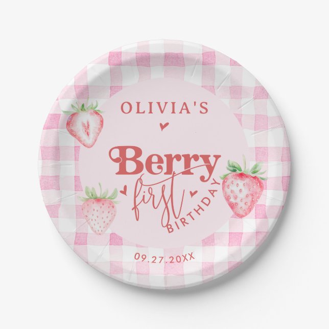Cute Strawberry Daisy Berry First Brithday Paper Plate (Front)