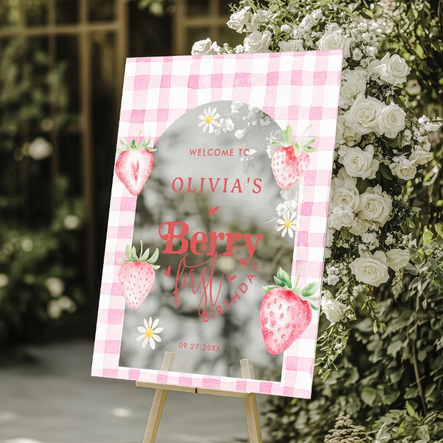 Cute Strawberry Daisy Berry First Photo Brithday Acrylic Sign (Creator Uploaded)