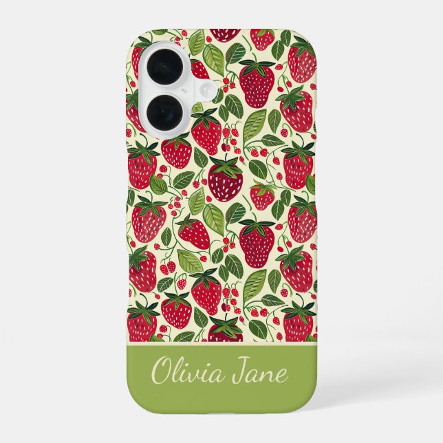 Cute Strawberry Design with custom Name   iPhone 16 Case (Back)