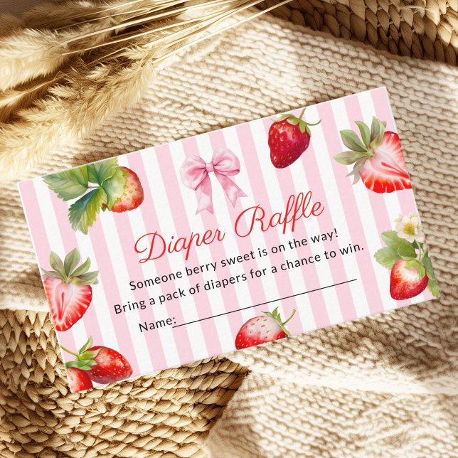 Cute Strawberry Diaper Raffle Baby Shower Enclosure Card (Pink stripe background strawberry Baby shower diaper raffle card)