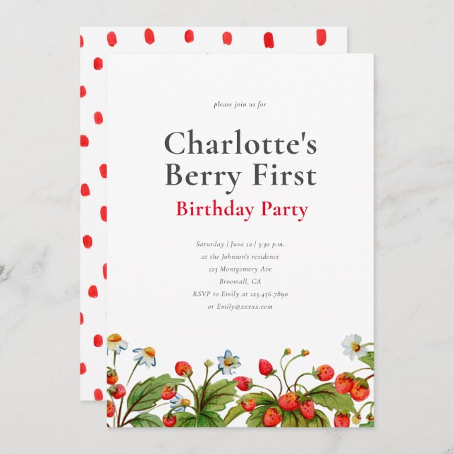 Cute Strawberry First Birthday Party Invitation (Front/Back)