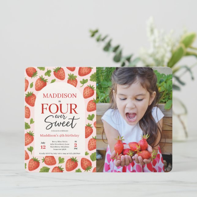 Cute Strawberry Four Ever Sweet 4th Birthday Photo Invitation (Standing Front)