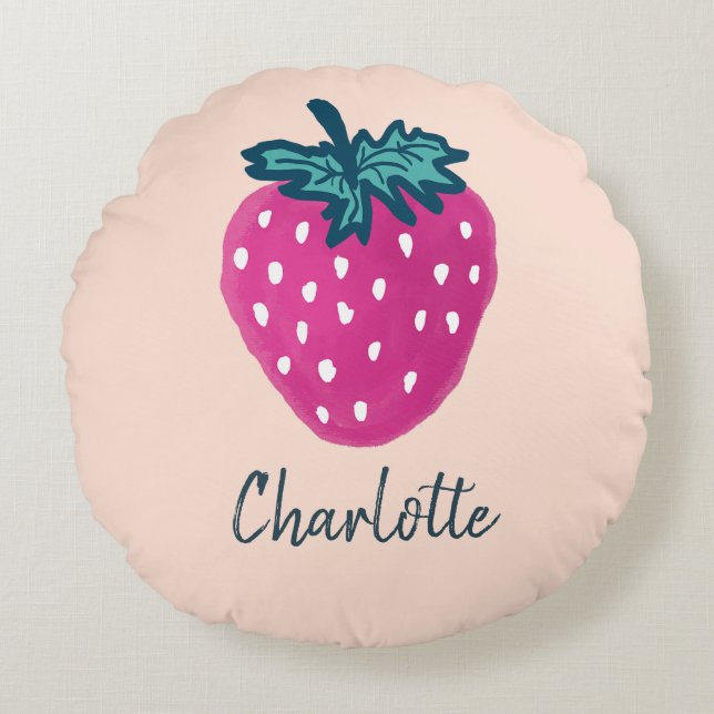 Cute Strawberry Fruit Custom Name  Round Cushion (Front)