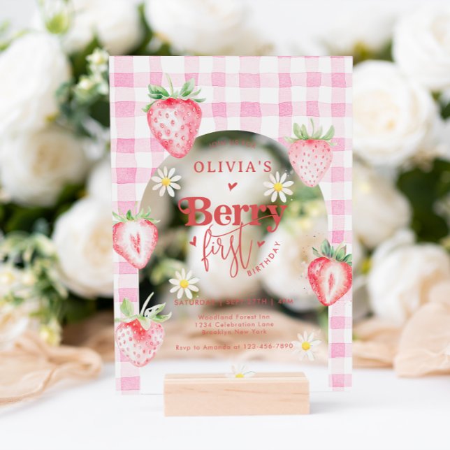 Cute Strawberry Fruit Daisy Berry First Birthday Acrylic Invitations (Creator Uploaded)