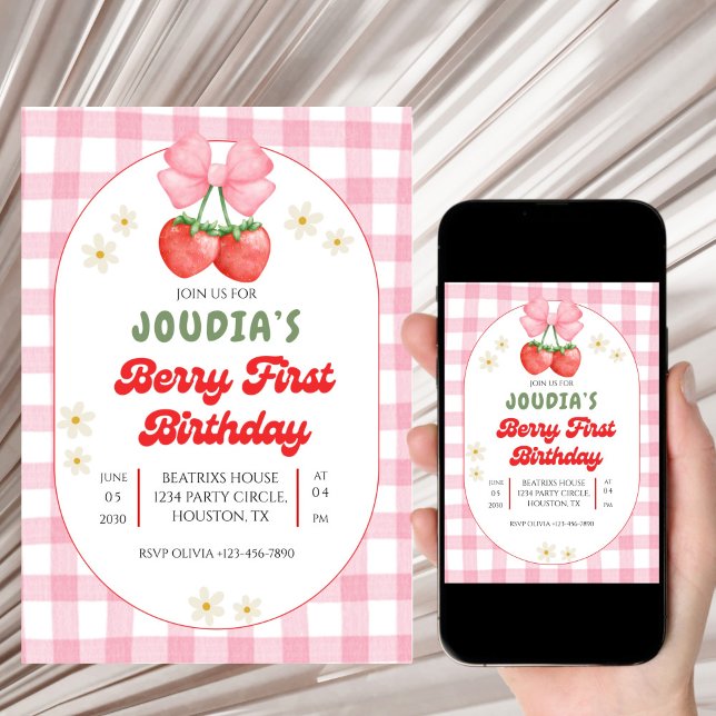 Cute Strawberry Fruit Daisy Berry First Birthday  Invitation (Creator Uploaded)
