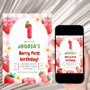 Cute Strawberry Fruit Daisy Berry First Birthday  Invitation