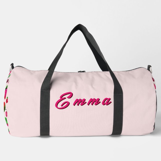 Cute Strawberry Fruit Pattern Custom Name Duffle Bag (Front)