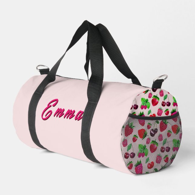Cute Strawberry Fruit Pattern Custom Name Duffle Bag (Right Corner)