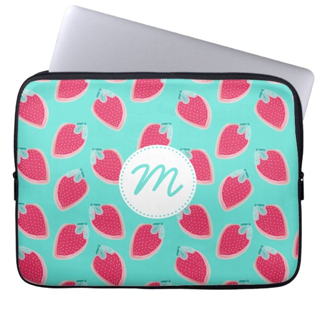Cute Strawberry Fruit Pattern & Monogram Laptop Sleeve (Front)