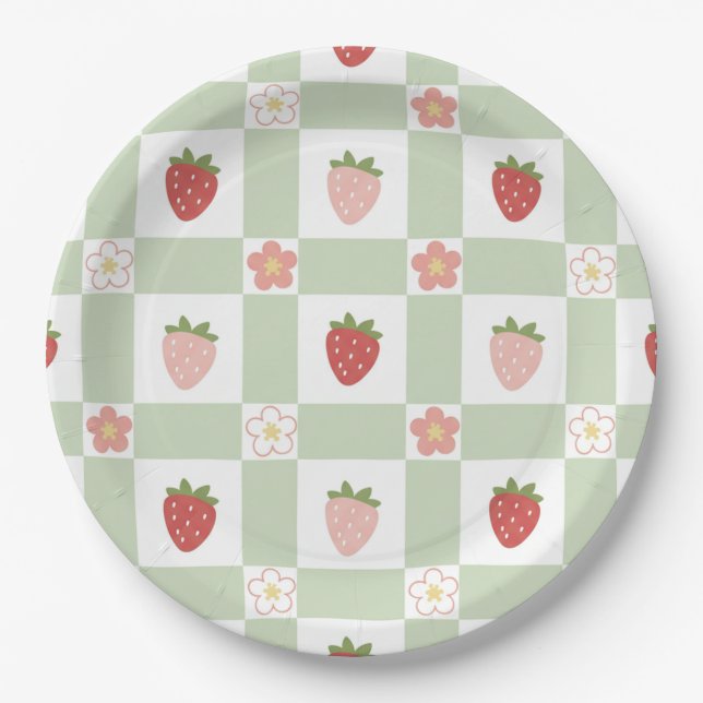 Cute Strawberry Gingham Pastel Green 1st Birthday Paper Plate (Front)