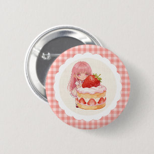 Cute Strawberry Gingham Watercolor Girl 1st Bday 6 Cm Round Badge