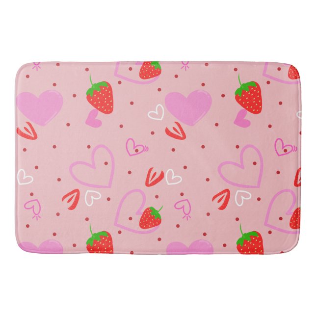 Cute Strawberry & Hearts Seamless Pattern Bath Mat (Front)
