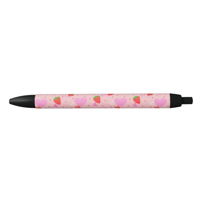 Cute Strawberry & Hearts Seamless Pattern Black Ink Pen (Front)