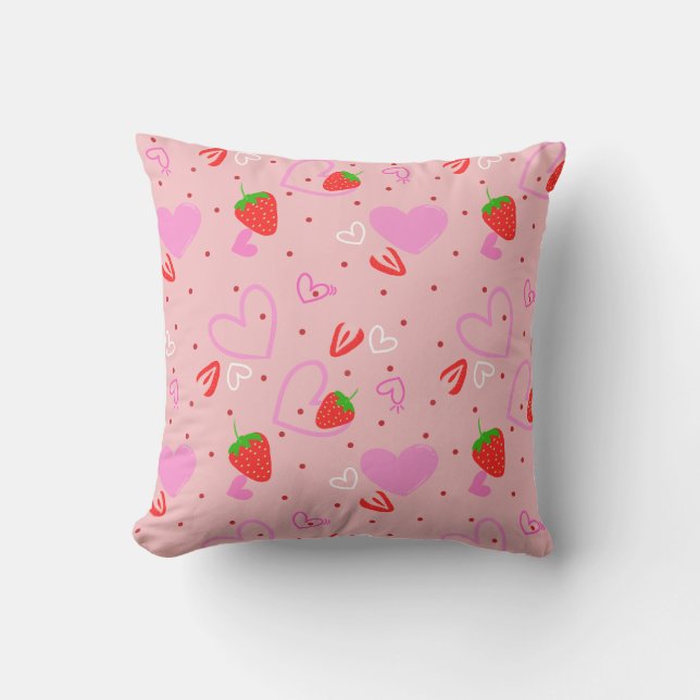 Cute Strawberry & Hearts Seamless Pattern Cushion (Front)