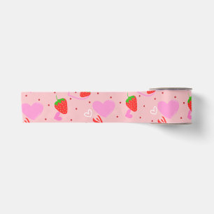 Cute Strawberry & Hearts Seamless Pattern Satin Ribbon