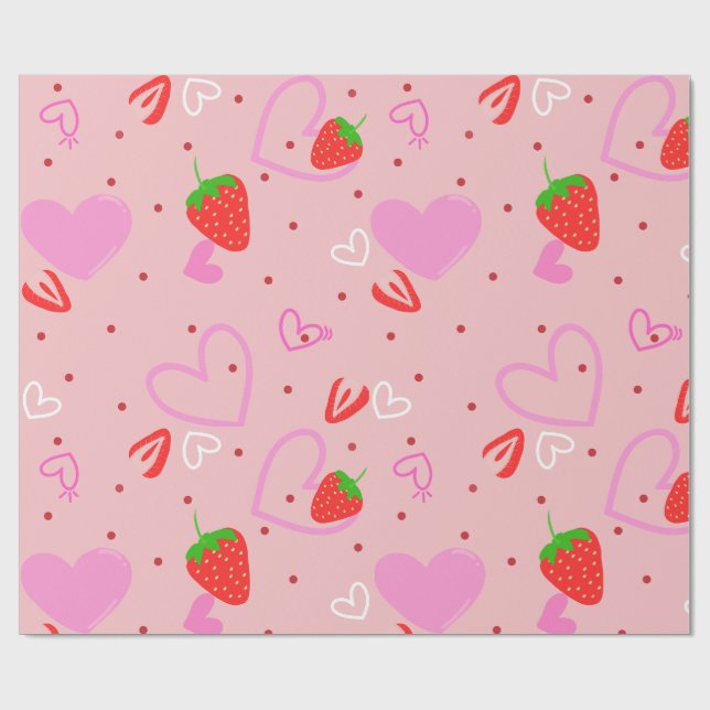 Cute Strawberry & Hearts Seamless Pattern Wrapping Paper (Flat)