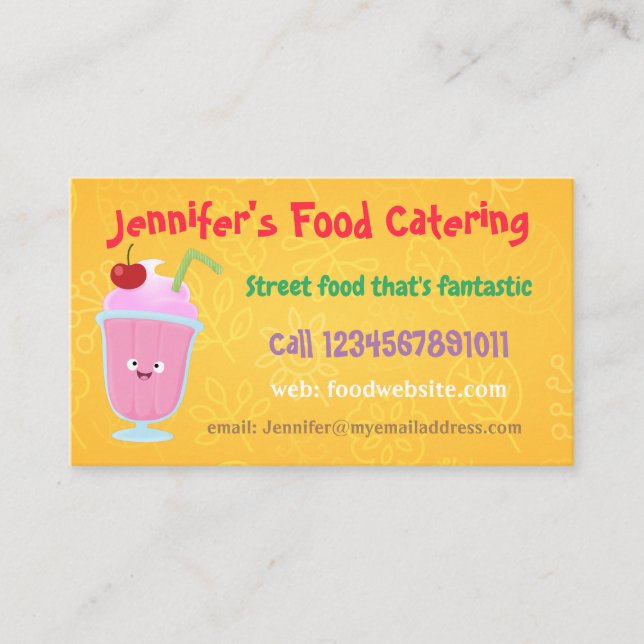 Cute strawberry ice cream sundae cartoon catering business card (Front)