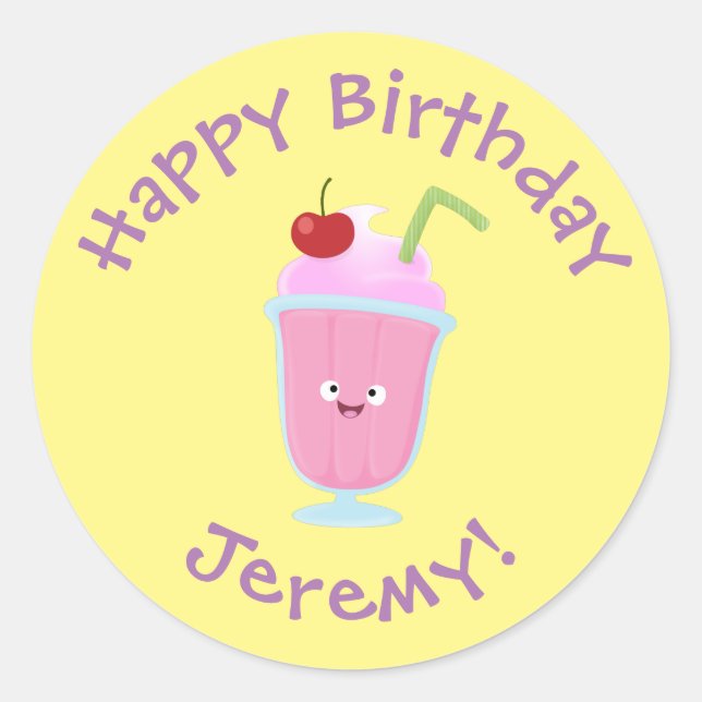 Cute strawberry ice cream sundae cartoon classic round sticker (Front)