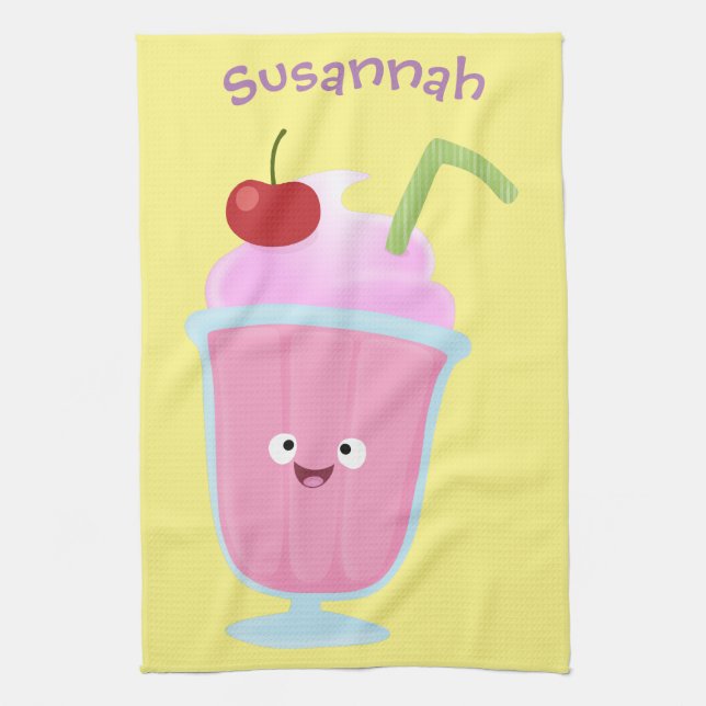 Cute strawberry ice cream sundae cartoon tea towel (Vertical)