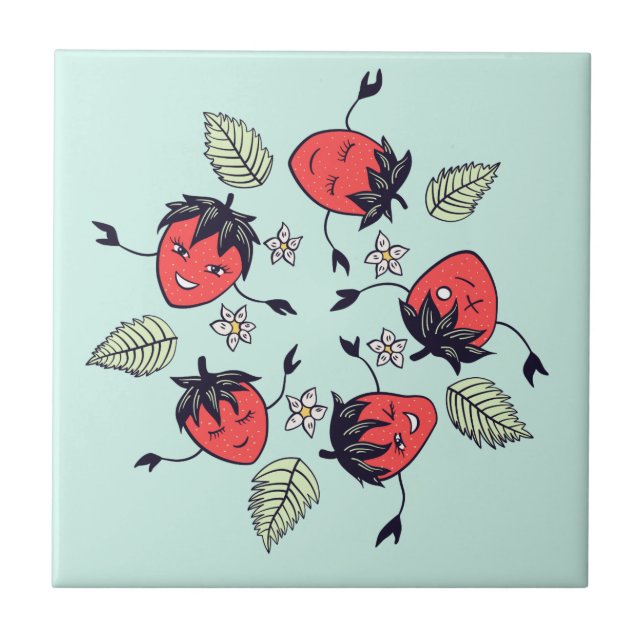 Cute Strawberry Kawaii Fruit Ceramic Tile (Front)