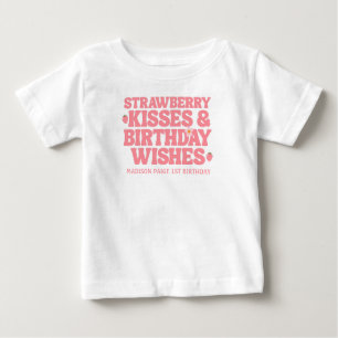 Cute Strawberry Kisses Birthday Wishes Pink Girls Baby T-Shirt