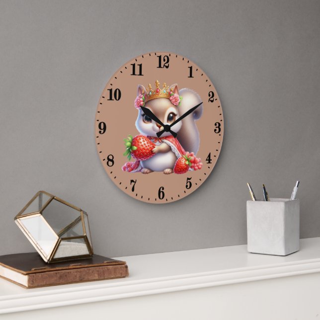 Cute strawberry lovers squirrel  large clock (Office)