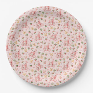Cute Strawberry Macaron Teddy Bear and Berries Paper Plate