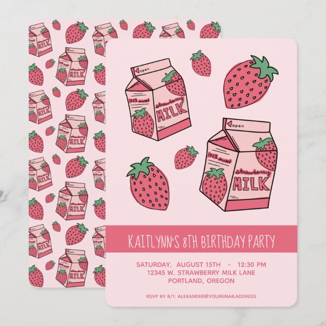 Cute Strawberry Milk Birthday Party Invitation (Front/Back)