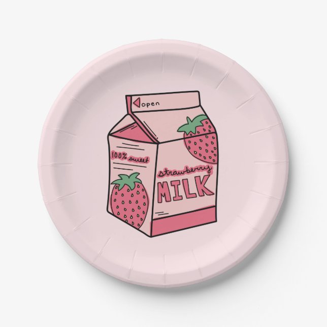 Cute Strawberry Milk Birthday Party Paper Plate (Front)