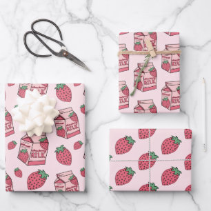 Cute Strawberry Milk Pink Pattern Wrapping Paper Sheet