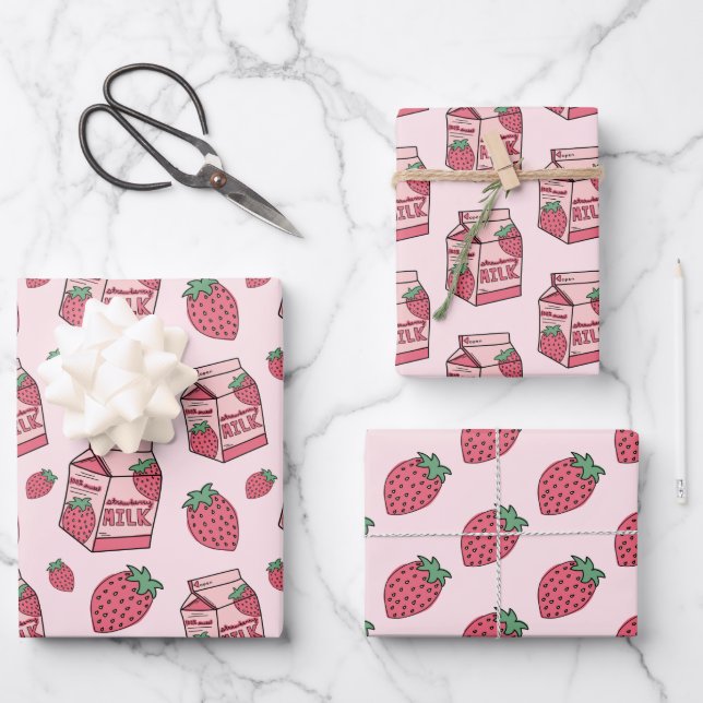 Cute Strawberry Milk Pink Pattern Wrapping Paper Sheet (Front)