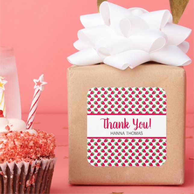Cute Strawberry Pattern Birthday Thank You Square Sticker (Party)