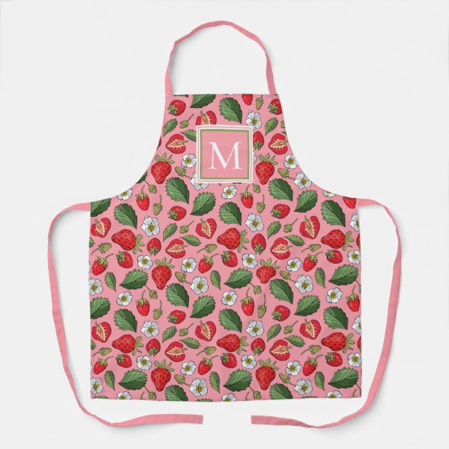 Cute Strawberry Pattern Monogram Pink Apron (Front)