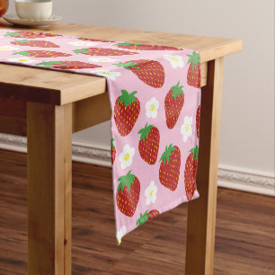 Cute Strawberry Pattern on Pink Background Medium Table Runner